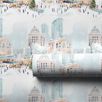 Winter Town Square Gift Wrap, Ice Skating City Wrapping Paper, Festive Christmas Tree Wrapping Paper, Holiday Season Wrapping Paper