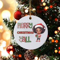 Adorable Black Girl Holiday Tree Ornament, Merry Christmas Y'all Ceramic Ornament, African American Christmas Keepsake Ornament, Winter Present