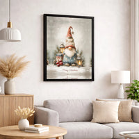 Watercolor Holiday Winter Gnome Print, Christmas Gnome Canvas Wall Art, Festive Lantern Nordic Gnome Art, Comfy Christmas Seasonal Wall Decor