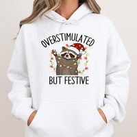 Humorous Christmas Lights Raccoon Sweatshirt, Overstimulated but Festive Raccoon Hoodie, Holiday Chaos Pullover, Adorable Xmas Animal Top