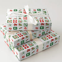 Botanical Grid Christmas Gift Wrap, Watercolor Holly Berry Wrapping Paper, Mistletoe Floral Wrapping Paper, Holiday Present Gift Wrap Roll