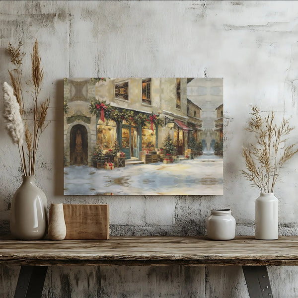 Snowy Storefront Holiday Wall Art, European Christmas Village Canvas, Vintage Winter Town Canvas Print, Comfy Xmas Street Sce