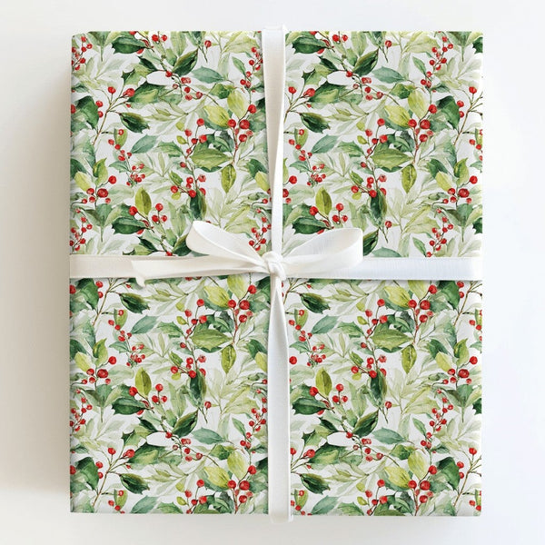 Botanical Christmas Gift Wrap, Watercolor Holly Wrapping Paper, Red Berry Holiday Wrapping Paper, Elegant Winter Plant Gift W