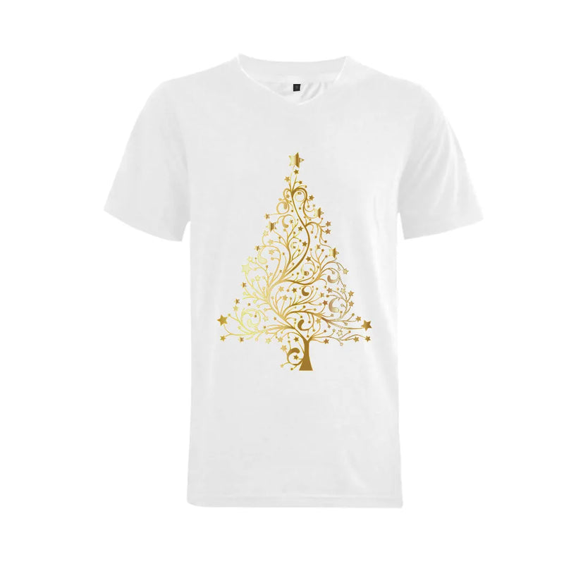 Mens Big Size Holiday V-Neck Tee, Golden Christmas Tree V-Neck T-Shirt, Festive Xmas Tree Shirt, Big and Tall Christmas V-Neck Shirt