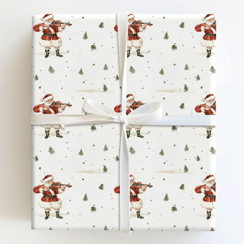 Vintage Santa Christmas Wrapping Paper, Violin Santa Wrapping Paper, Musical Holiday Gift Wrap, Snowy Forest Present Wrapping Paper