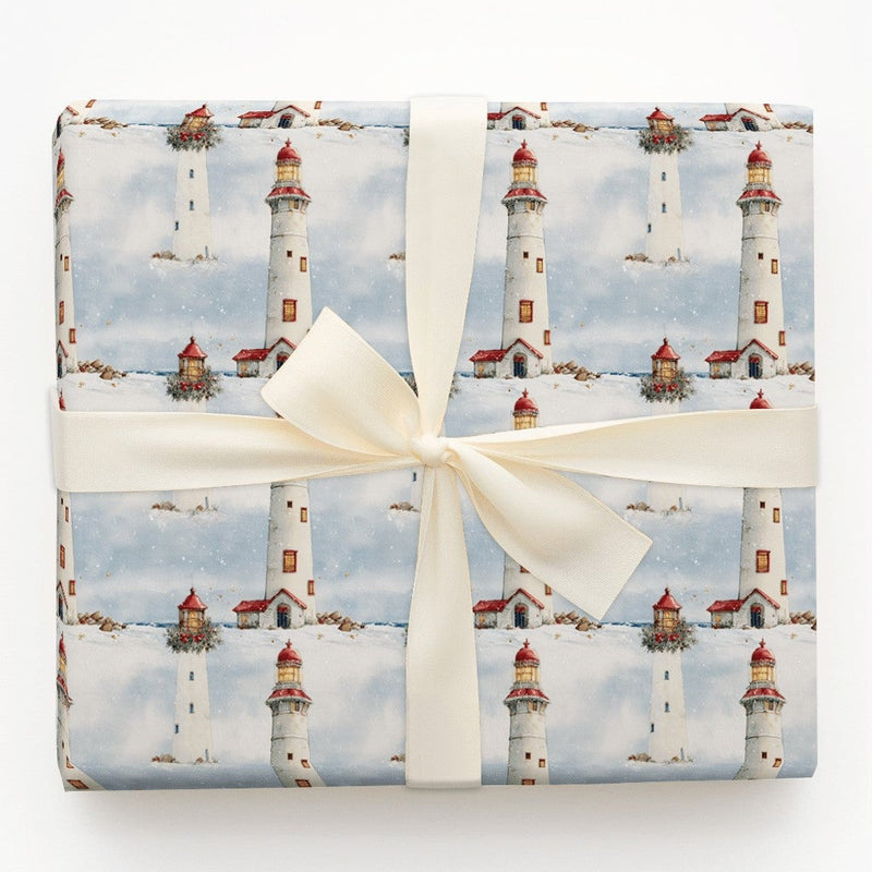 Coastal Nautical Holiday Gift Wrap, Snowy Lighthouse Christmas Wrapping Paper, Winter Wreath Wrapping Paper, Festive Wrapping Paper Roll