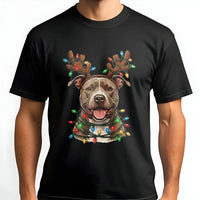 Reindeer Antlers Holiday Lights Shirt, Pitbull Christmas T-Shirt, Adorable Xmas Dog Graphic Tee, Festive Pup Apparel, Present for Dog Mom and Dad