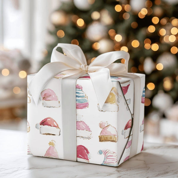 Pastel Santa Beanie Christmas Wrapping Paper, Watercolor Winter Hat Wrapping Paper, Comfy Holiday Wrapping Paper Roll, Festiv