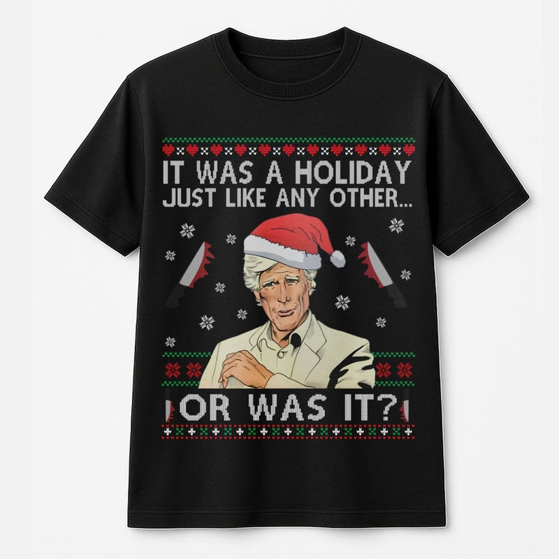Humorous Serial Killer Holiday Graphic Tee, True Crime Ugly Christmas T-Shirt, True Crime Fan Christmas Shirt, Spooky Xmas Top