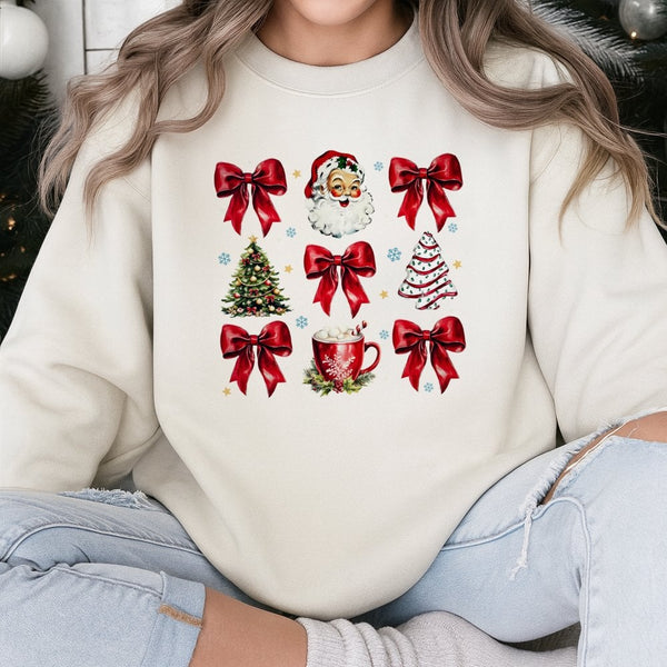 Red Bows Holiday Sweatshirt, Retro Santa Christmas Sweatshirt, Vintage Adorable Santa Graphic Crewneck, Festive Xmas Sweatshi