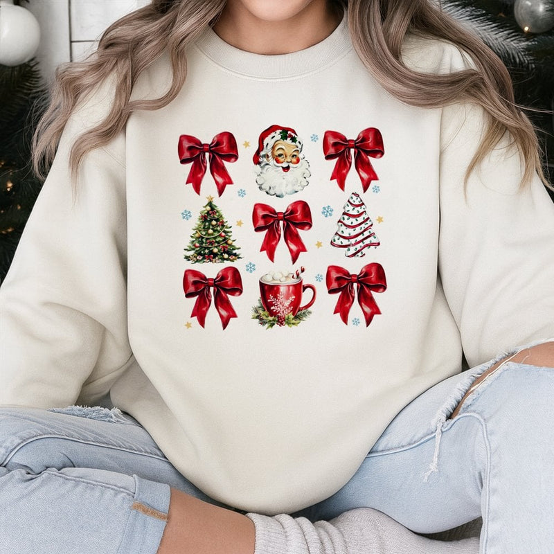 Red Bows Holiday Sweatshirt, Retro Santa Christmas Sweatshirt, Vintage Adorable Santa Graphic Crewneck, Festive Xmas Sweatshirt Present