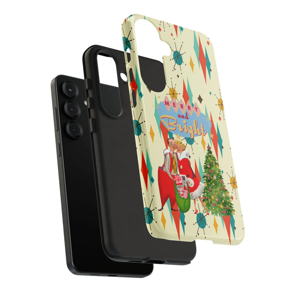 Retro Mid Century Holiday Couple Samsung Phone Case, Merry and Bright Christmas Phone Case Samsung, Vintage Xmas Tough Phone 