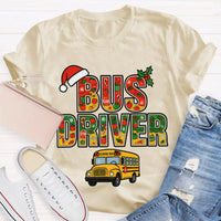 Santa Hat Bus Driver Graphic Tee, School Bus Driver Christmas T-Shirt, Humorous Holiday Driver Shirt, Transportation Staff Xmas Present
