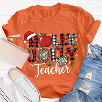 Apple Santa Hat Graphic Tee, Personalized Teacher Christmas Shirt, Custom Name Holiday T-Shirt, Adorable Educator Xmas Tee, Teacher Holiday Present