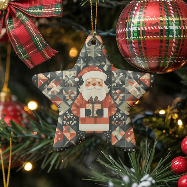 Quilted Pattern Star Ornament, Geometric Quilt Santa Star Ornament, Ceramic Christmas Tree Decor, Star Ornament Holiday Prese