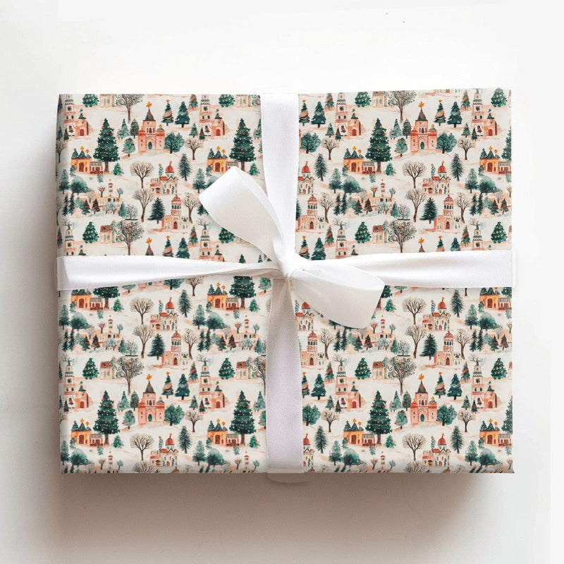 Snowy Town Scene Gift Wrap, Watercolor Christmas Village Wrapping Paper, Whimsical Holiday Winter Wrapping Paper, Festive Gift Wrap Roll