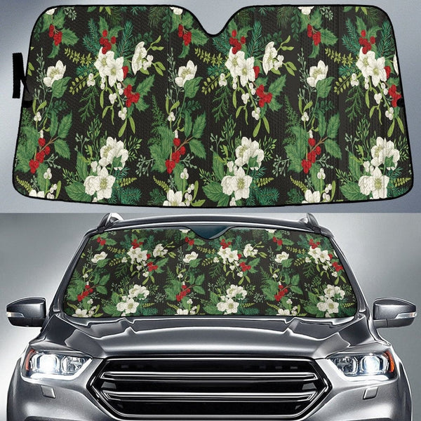 Winter Floral Sun Shade, Poinsettia Holly Car Sunshade, Christmas Auto Windshield Cover, Holiday Car Sun Visor Protector, Pre