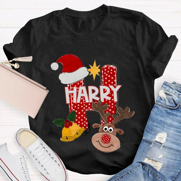 Santa Hat Elk Holiday Shirt, H Is for Happy Christmas Shirt, Humorous Christmas Graphic Tee, Festive Family Holiday Shirt, Ad