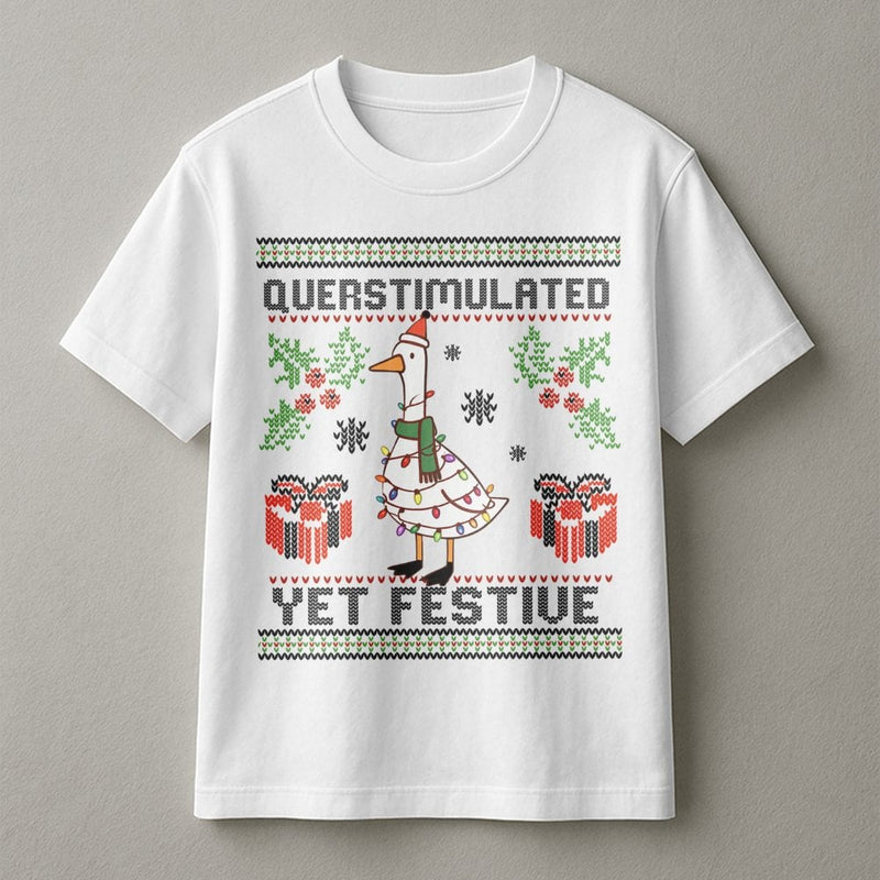 Humorous Goose Christmas Shirt, Overstimulated Yet Festive Goose T-Shirt, Ugly Sweater Goose Graphic Tee, Relatable Holiday T-Shirt Present