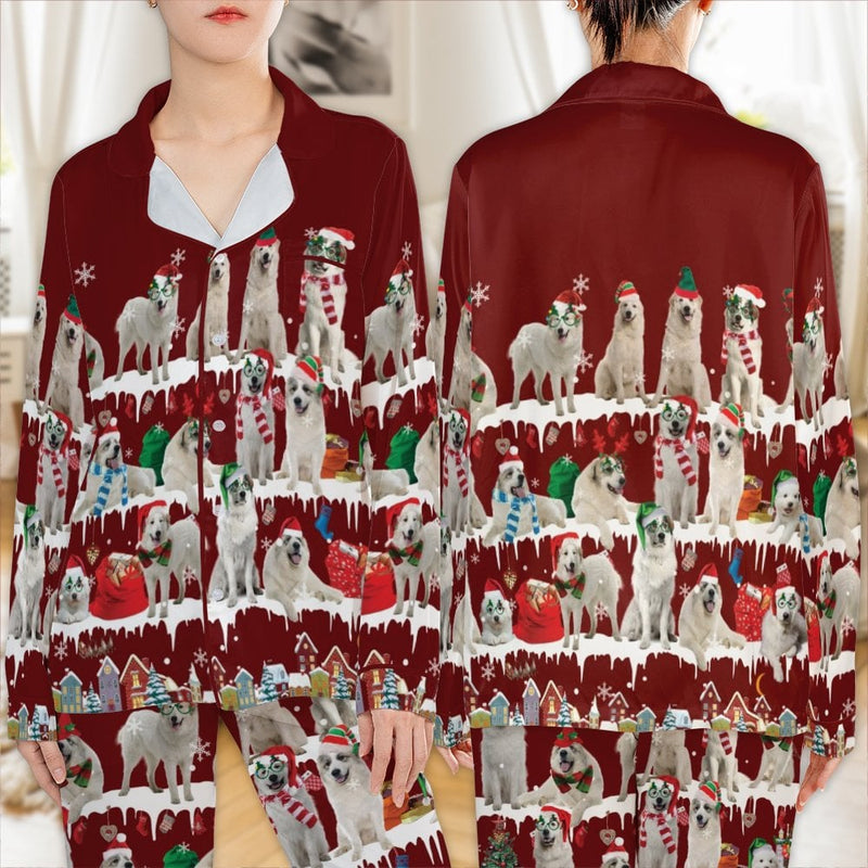 Festive Dog Pajama Set, Christmas Great Pyrenees Pajamas, Holiday Dog Satin Pajamas, Silky Sleepwear Loungewear Set, Dog Lover Pajama Set
