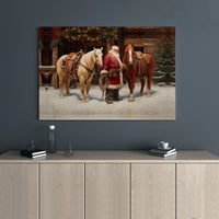 Cowboy Santa Claus with Horses Canvas Print, Western Santa Canvas Wall Art, Rustic Holiday Christmas Canvas Decor, Country Xmas Wall Art