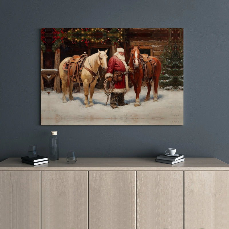 Cowboy Santa Claus with Horses Canvas Print, Western Santa Canvas Wall Art, Rustic Holiday Christmas Canvas Decor, Country Xmas Wall Art