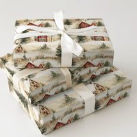 Rustic Winter Village Gift Wrap, Snowy Red Cabin Christmas Wrapping Paper, Vintage Cottage Wrapping Paper, Holiday Present Gift Wrap Roll