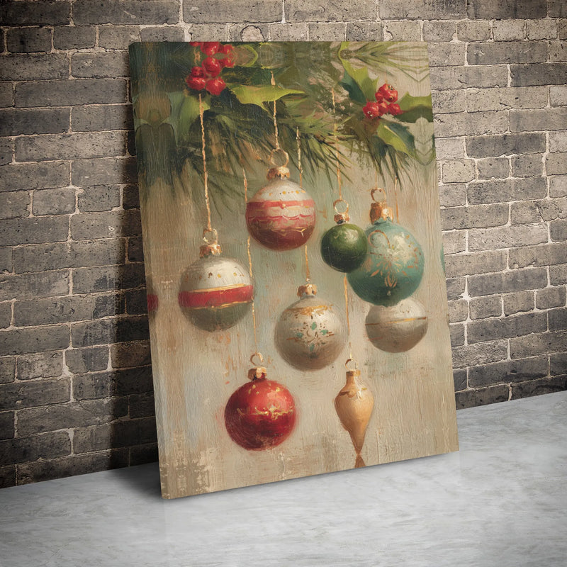 Holiday Oil Painting Canvas Print, Vintage Christmas Ornaments Canvas Wall Art, Festive Christmas Canvas Art, Winter Holiday Home Wall Decor