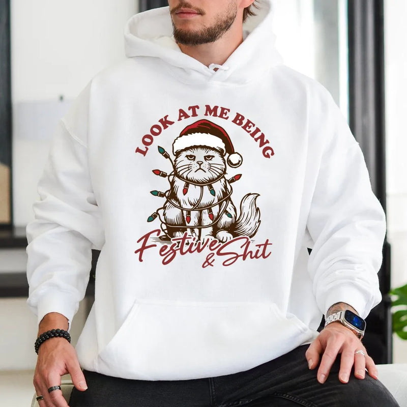 Sarcastic Kitten Holiday Hoodie, Humorous Grumpy Cat Christmas Hoodie, Adorable Cat Lover Xmas Hoodie, Winter Animal Graphic Pullover Sweatshirt
