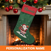 Custom Beach Holiday Stocking, Personalized Surfing Santa Christmas Stocking, Tropical Santa Christmas Stocking, Family Mantel Decor Present