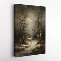 Snowy Cabin Night Landscape Print, Winter Forest Canvas Wall Art, Moody Rustic Path Poster, Christmas Home Decor Digital Download