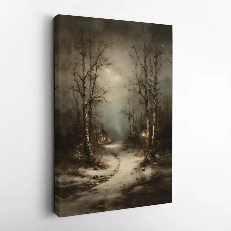 Snowy Cabin Night Landscape Print, Winter Forest Canvas Wall Art, Moody Rustic Path Poster, Christmas Home Decor Digital Download