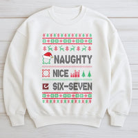 Humorous Viral Christmas Crewneck, Naughty Nice Six Seven Meme Sweatshirt, Trendy Gen Z Holiday Pullover, Sarcastic Xmas Graphic Sweater