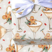 Holiday Cocktail Gift Wrap, Gingerbread Man Martini Wrapping Paper, Adorable Gingerbread Christmas Wrapping Paper, Festive Snowflake Gift Wrap