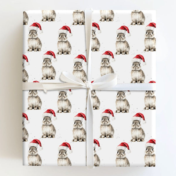 Adorable Watercolor Rabbit Gift Wrap, Santa Hat Bunny Christmas Wrapping Paper, Festive Animal Lover Wrapping Paper, Holiday 