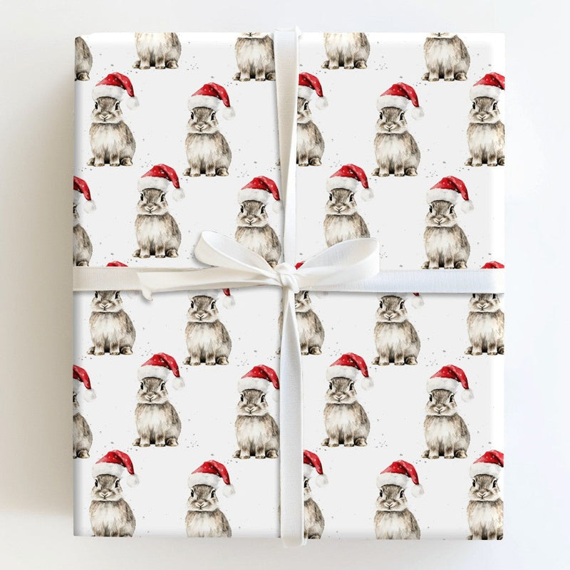 Adorable Watercolor Rabbit Gift Wrap, Santa Hat Bunny Christmas Wrapping Paper, Festive Animal Lover Wrapping Paper, Holiday Gift Wrap Roll