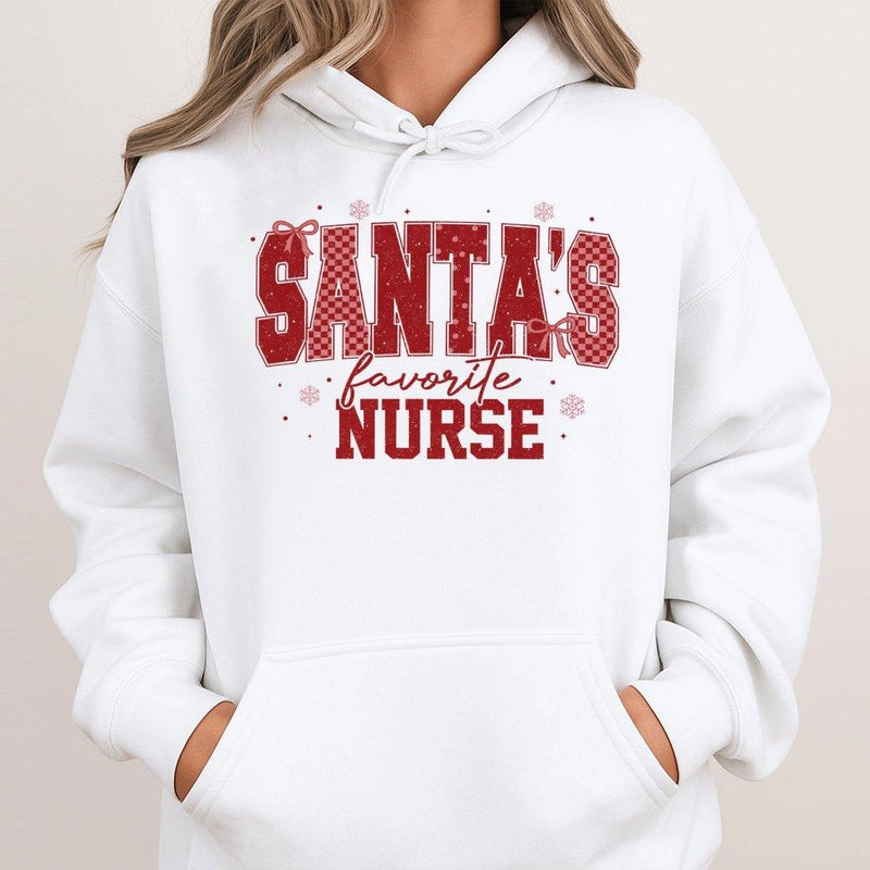 Festive Plaid Christmas Nurse Sweatshirt, Santa's Favorite Nurse Hoodie, Adorable RN Holiday Hooded Pullover, Humorous Nurse Christmas Present