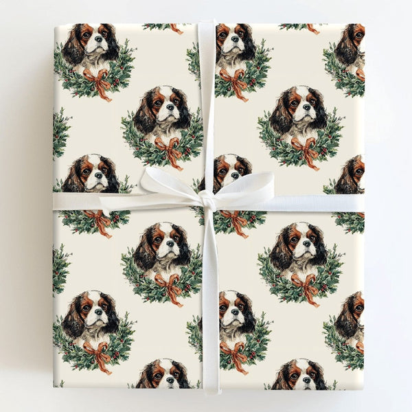 Vintage Spaniel Wreath Gift Wrap, Cavalier King Charles Wrapping Paper, Adorable Dog Christmas Wrapping Paper, Holiday Pet Gi