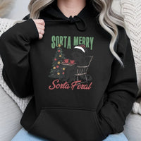Humorous Christmas Raccoon Hooded Sweatshirt, Sorta Merry Sorta Feral Raccoon Hoodie, Adorable Xmas Animal Pullover, Wildlife Lover Raccoon Hoodie