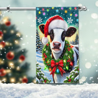 Winter Farm Animal Yard Banner, Christmas Cow Santa Hat Garden Flag, Double Sided Holiday Farmhouse Flag, Porch Lawn Decor