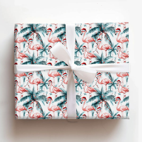 Tropical Palm Tree Gift Wrap, Pink Flamingo Christmas Wrapping Paper, Coastal Holiday Wrapping Paper, Festive Summer Xmas Gif