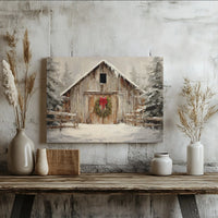 Rustic Farmhouse Barn Canvas Print, Winter Barn Canvas Wall Art, Snowy Christmas Wreath Canvas Art, Holiday Season Wall Decor, Country Present