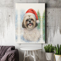 Watercolor Dog in Santa Hat Canvas Print, Shih Tzu Christmas Canvas Wall Art, Holiday Puppy Canvas, Festive Dog Lover Present Wall Decor