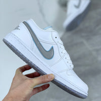 Low Top Sneakers, White Silver Colorway, Reflective Detail, Lace Up Design, Casual Gift for Sneaker Fans