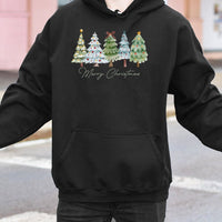 Merry Christmas Tree Hooded Sweatshirt, Watercolor Christmas Tree Hoodie, Festive Pine Forest Pullover Hoodie, Comfy Winter Holiday Present