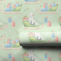 Adorable Puppy Christmas Gift Wrap, Watercolor Dog Sleigh Wrapping Paper, Mint Holiday Dog Wrapping Paper, Winter Pet Lover Present Packaging Roll