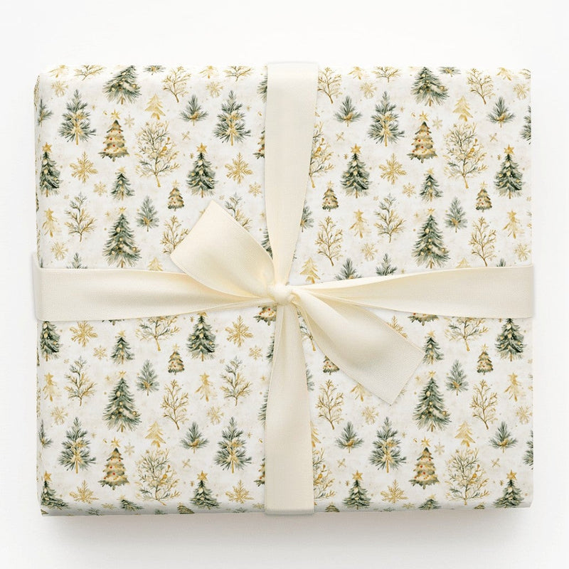 Green and Gold Pine Gift Wrap, Watercolor Christmas Tree Wrapping Paper, Elegant Holiday Present Wrap, Rustic Winter Forest Present Paper