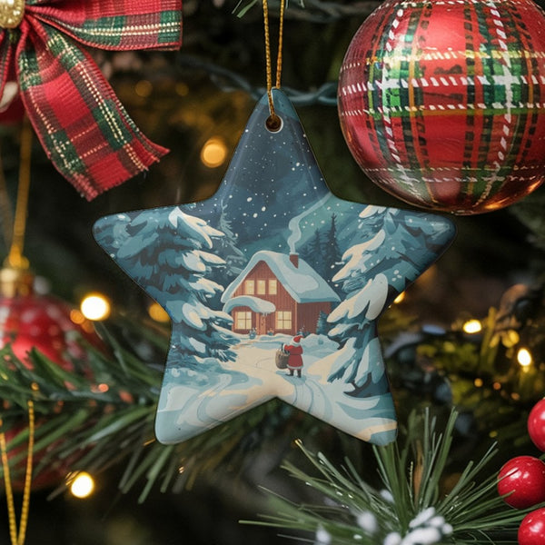 Santa Claus Christmas Ornament, Santa Claus Snowy Cabin Star Ornament, Ceramic Star Keepsake Ornament, Holiday Tree Decor