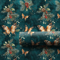 Orange Monarch Botanical Holiday Gift Wrap, Butterfly Holly Christmas Wrapping Paper, Teal Winter Foliage Wrapping Paper, Nature Lover Wrap