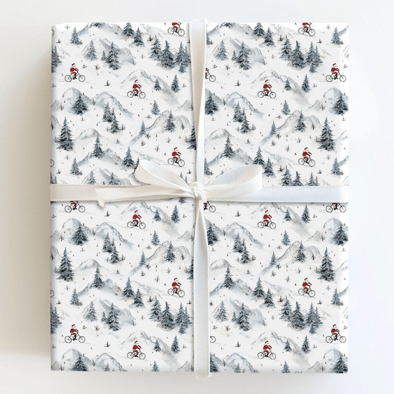Watercolor Cycling Gift Wrap, Mountain Biking Santa Wrapping Paper, MTB Christmas Wrapping Paper, Cyclist Holiday Gift Wrap Paper